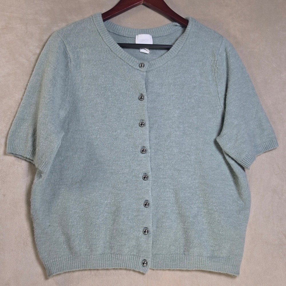 HM Womens XL Sage Green Short Sleeve Cardigan Wool Blend Button Front Sweater